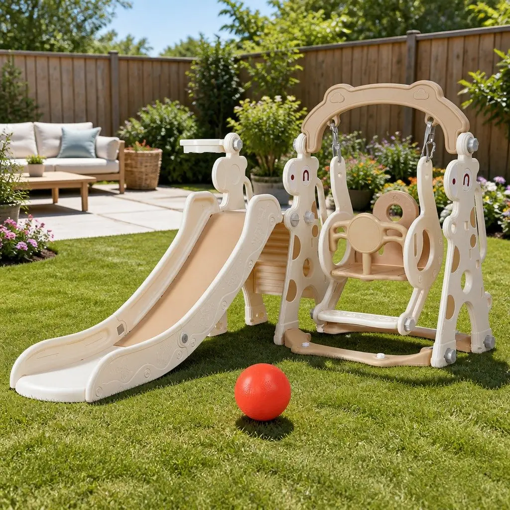 Kids Slide Swing Set with Basketball Hoop Ring Game Outdoor Playground
