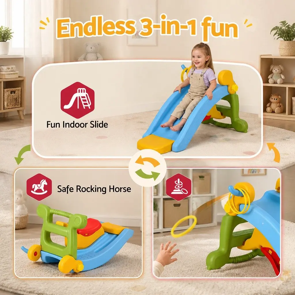 Kids Activity Playset Slide Rocking Horse Ring Toss Indoor Play Toddler