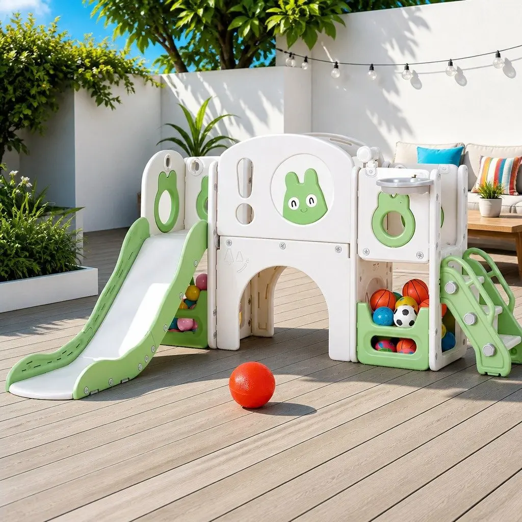 Kids Slide Swing Set Ball Hoop Rings Football Outdoor Play Equipment Toy Green