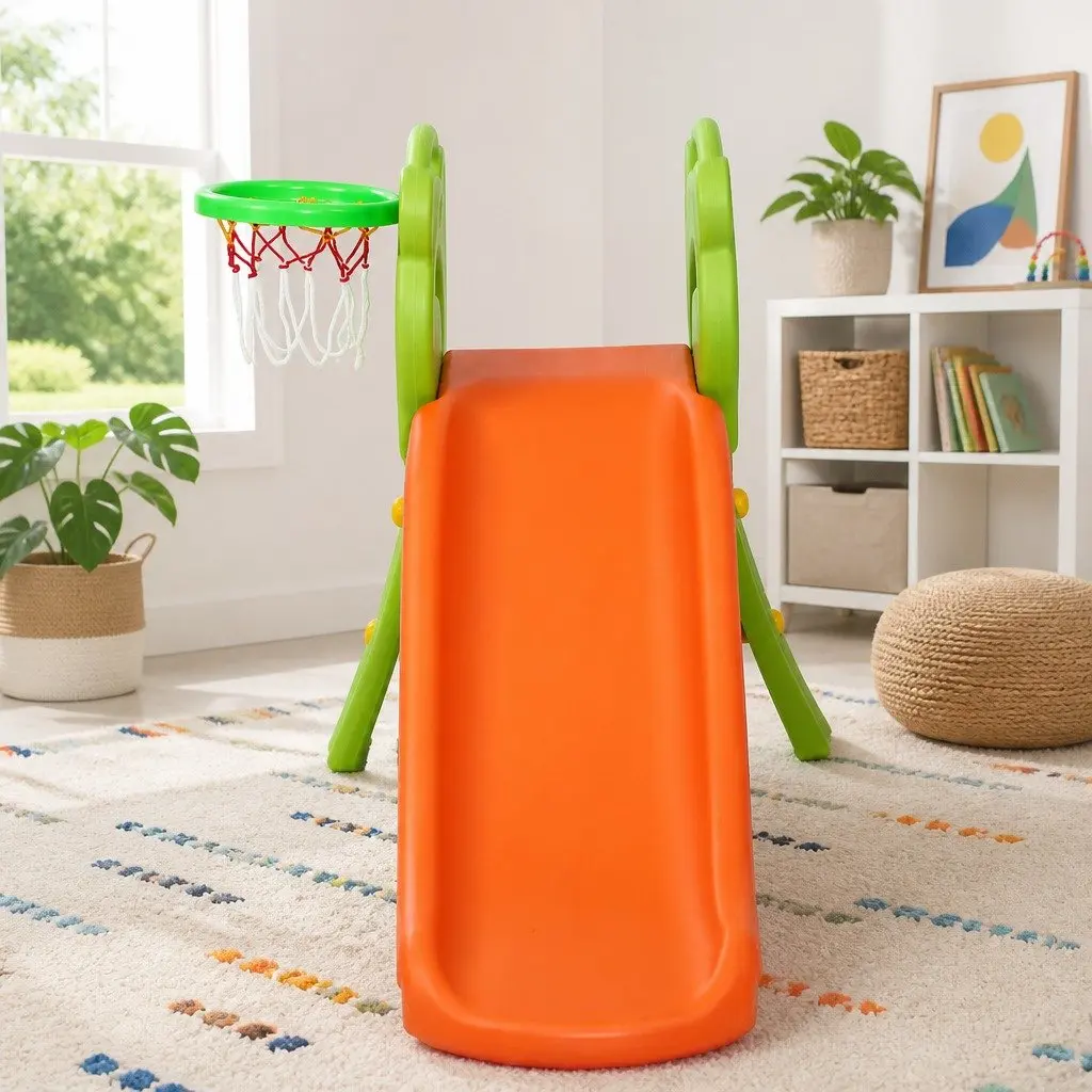 Kids Slide Basketball Hoop Playground 100cm Indoor Outdoor Play Set Orange Green