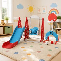 Kids 6-in-1 Slide Swing Set Basketball Hoops Football Goal Ring Toss Outdoor