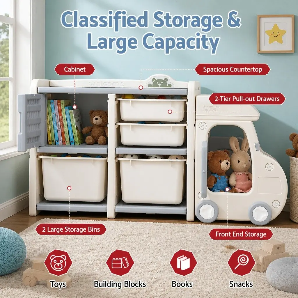 Car Shaped Kids Toy Storage Organizer with Removable Bins Drawers Cabinet