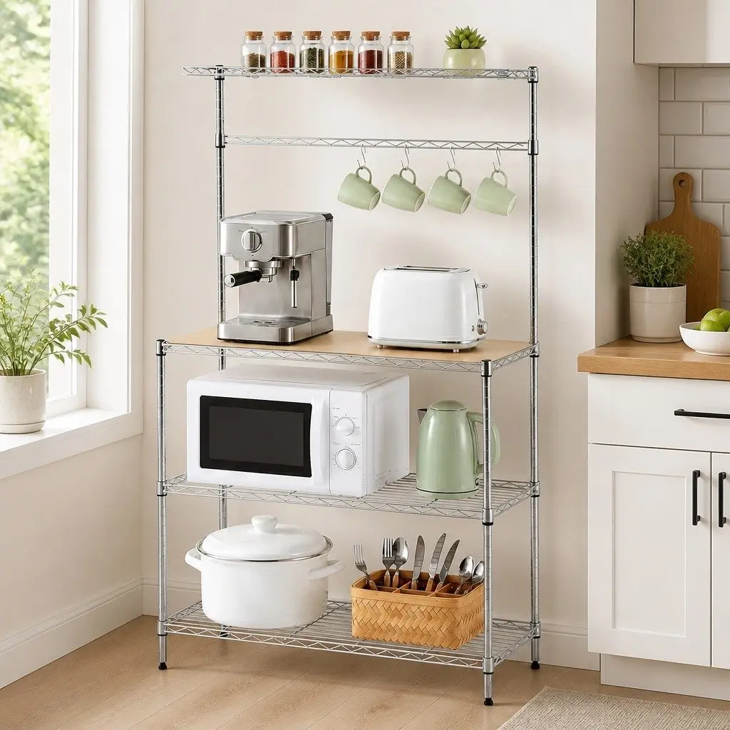 4 Tier Silver Metal Kitchen Shelf Rack for Storage and Organization 90cm x 34cm x 151cm
