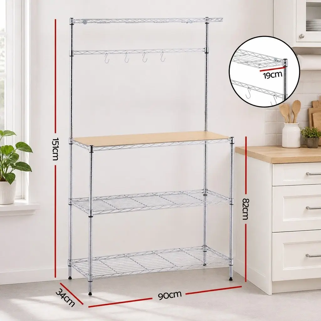 4 Tier Silver Metal Kitchen Shelf Rack for Storage and Organization 90cm x 34cm x 151cm
