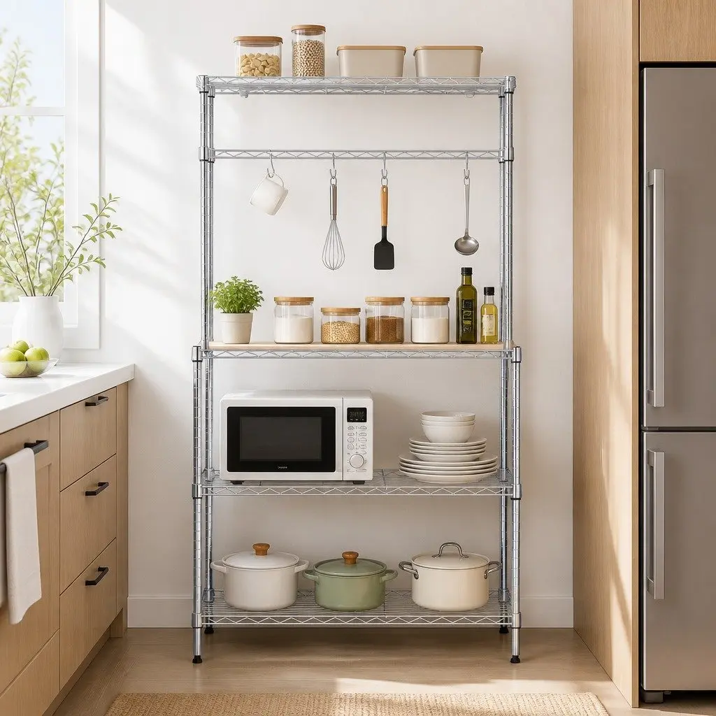 4 Tier Silver Metal Kitchen Shelf Rack for Storage and Organization 90cm x 34cm x 151cm