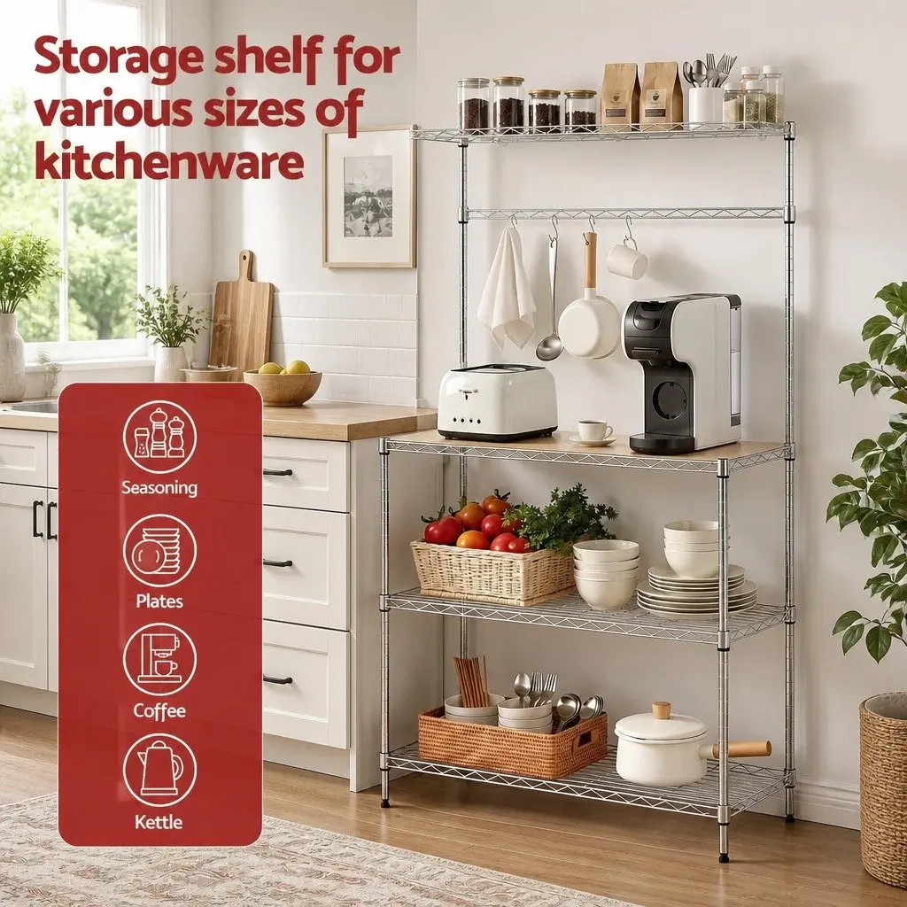 4 Tier Silver Metal Kitchen Shelf Rack for Storage and Organization 90cm x 34cm x 151cm