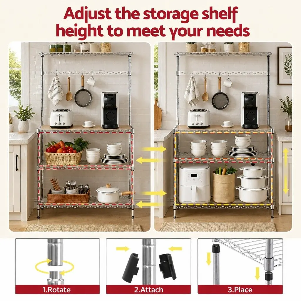 4 Tier Silver Metal Kitchen Shelf Rack for Storage and Organization 90cm x 34cm x 151cm