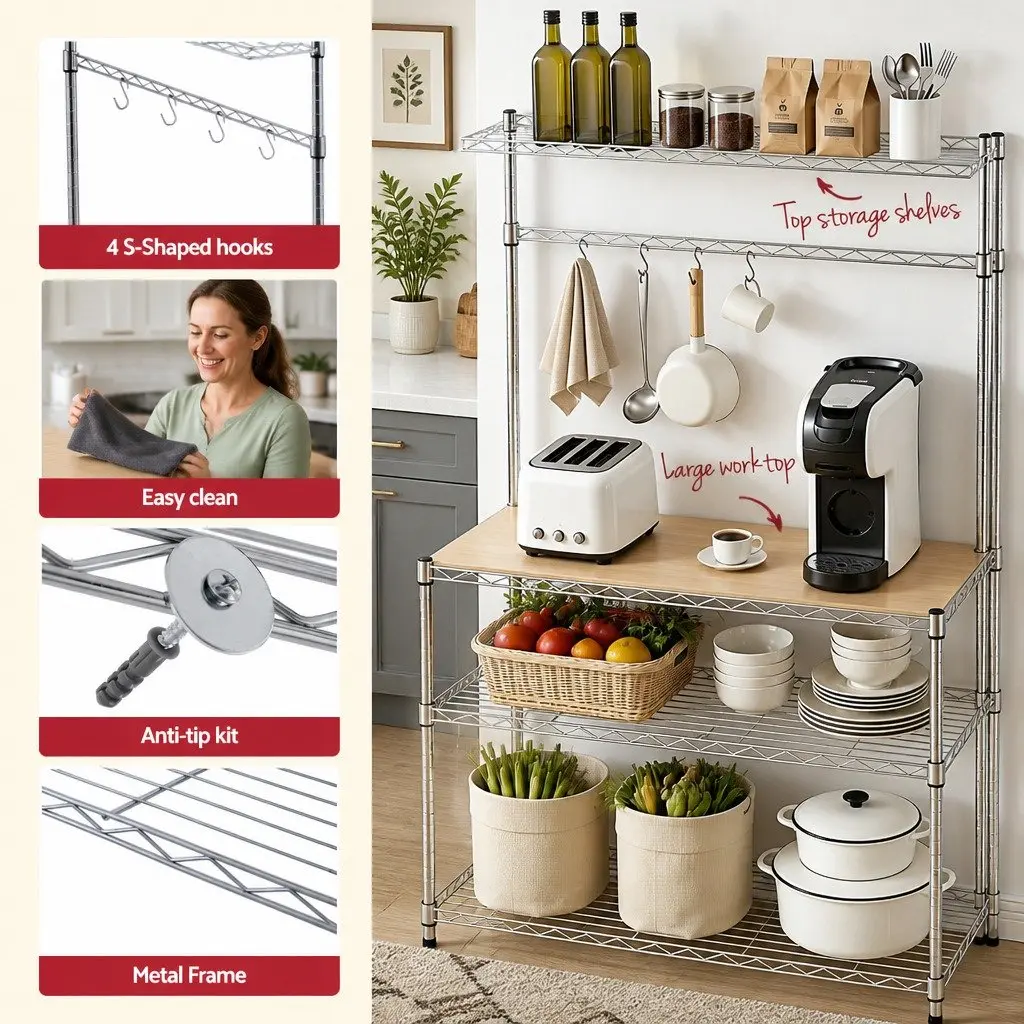 4 Tier Silver Metal Kitchen Shelf Rack for Storage and Organization 90cm x 34cm x 151cm
