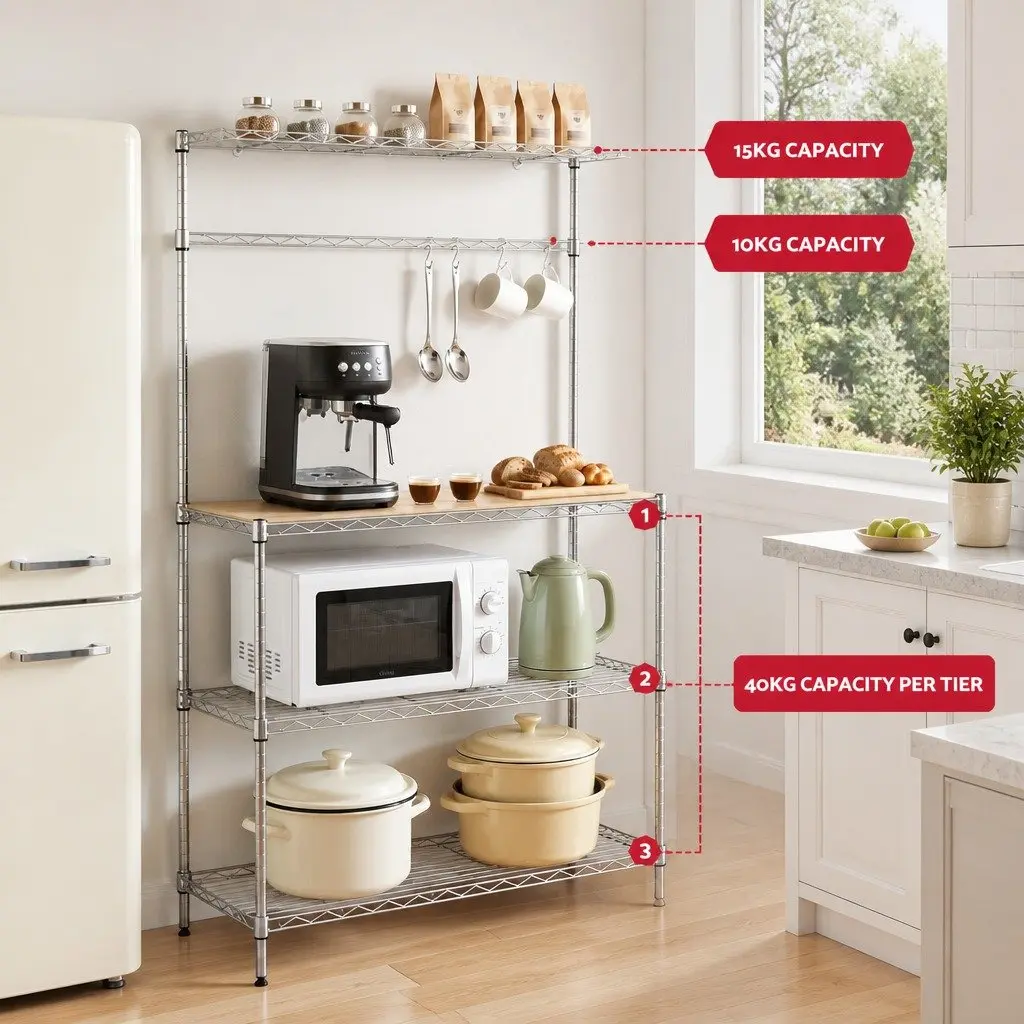 4 Tier Silver Metal Kitchen Shelf Rack for Storage and Organization 90cm x 34cm x 151cm