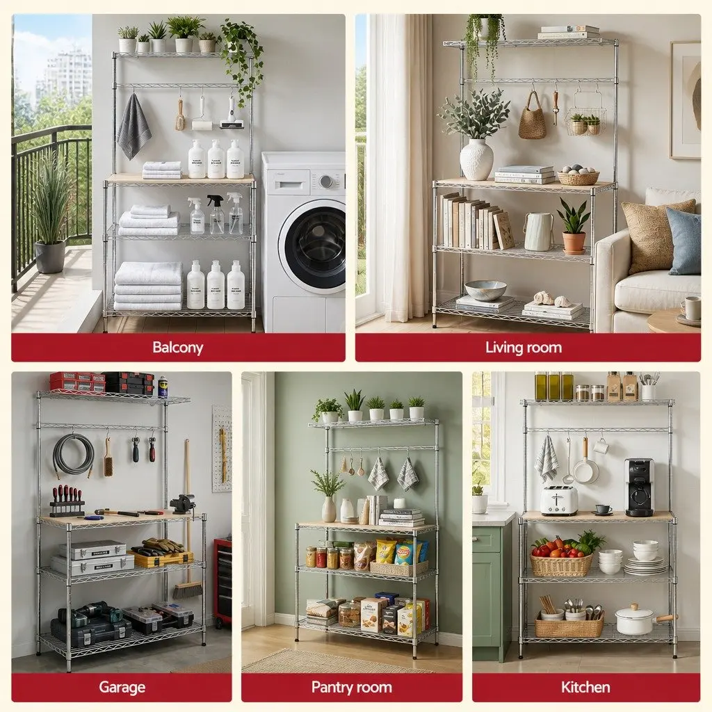 4 Tier Silver Metal Kitchen Shelf Rack for Storage and Organization 90cm x 34cm x 151cm