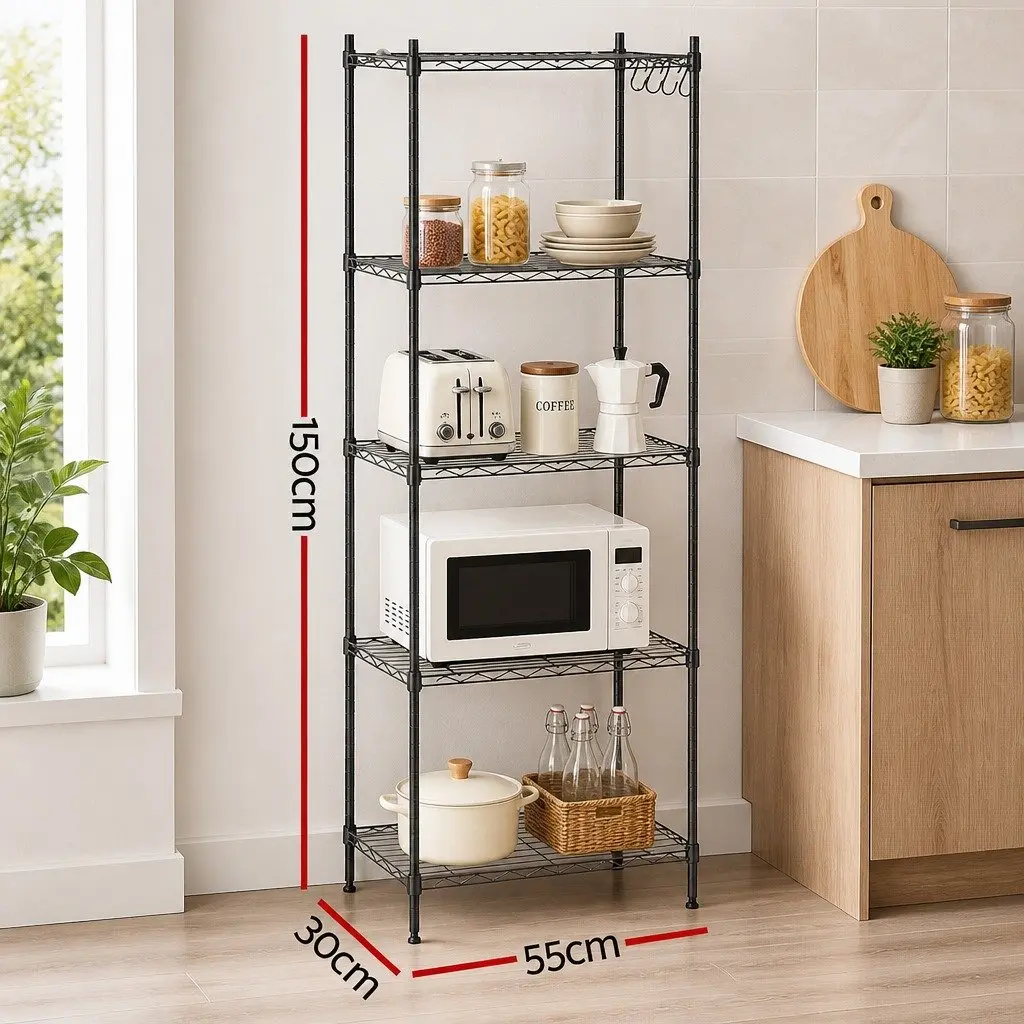 5-Tier Metal Kitchen Shelf Storage Rack Adjustable Shelving Unit Black