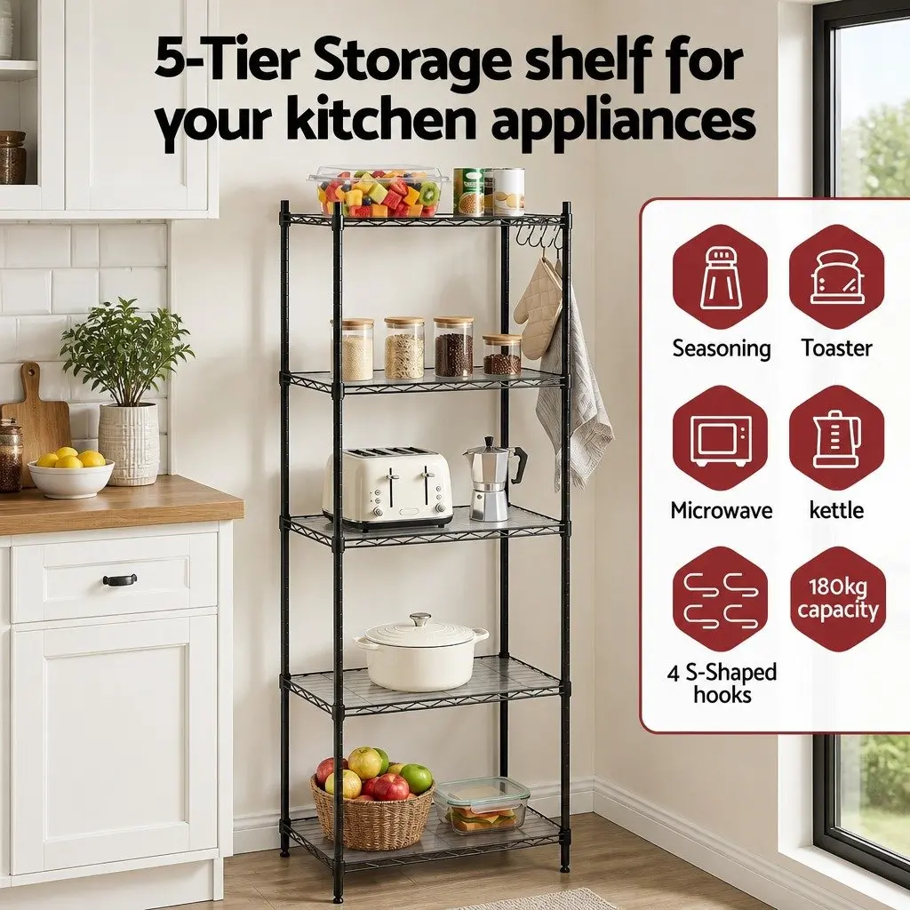 5-Tier Metal Kitchen Shelf Storage Rack Adjustable Shelving Unit Black