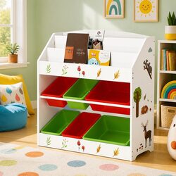 Kids Bookshelf 3 Tier Storage Organiser with 6 Removable Boxes Toy Rack White