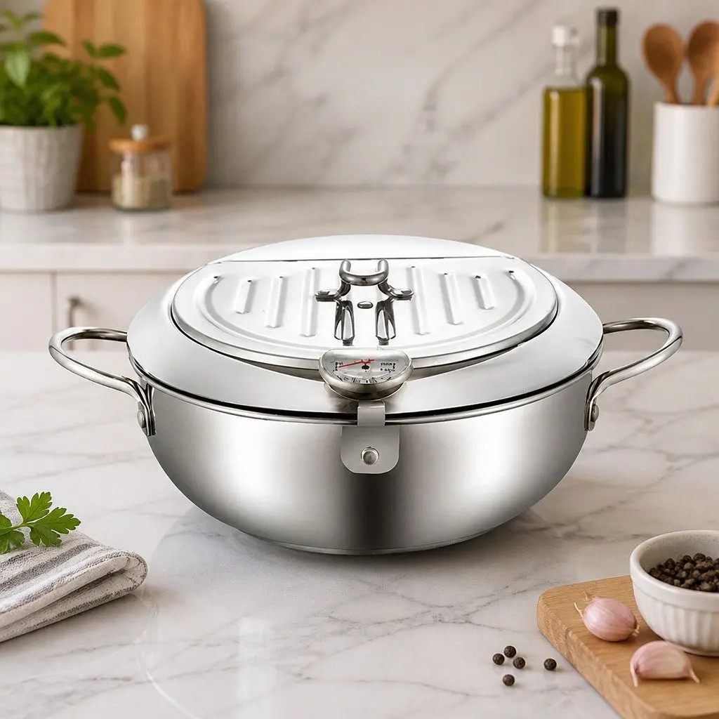 24cm Deep Frying Pan Stainless Steel Pot with Thermometer Draining Rack Cooktop