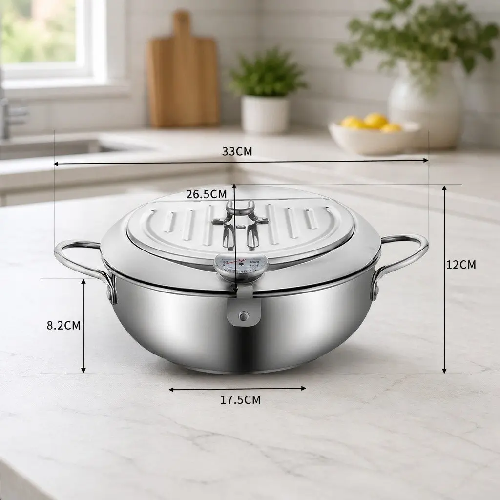 24cm Deep Frying Pan Stainless Steel Pot with Thermometer Draining Rack Cooktop