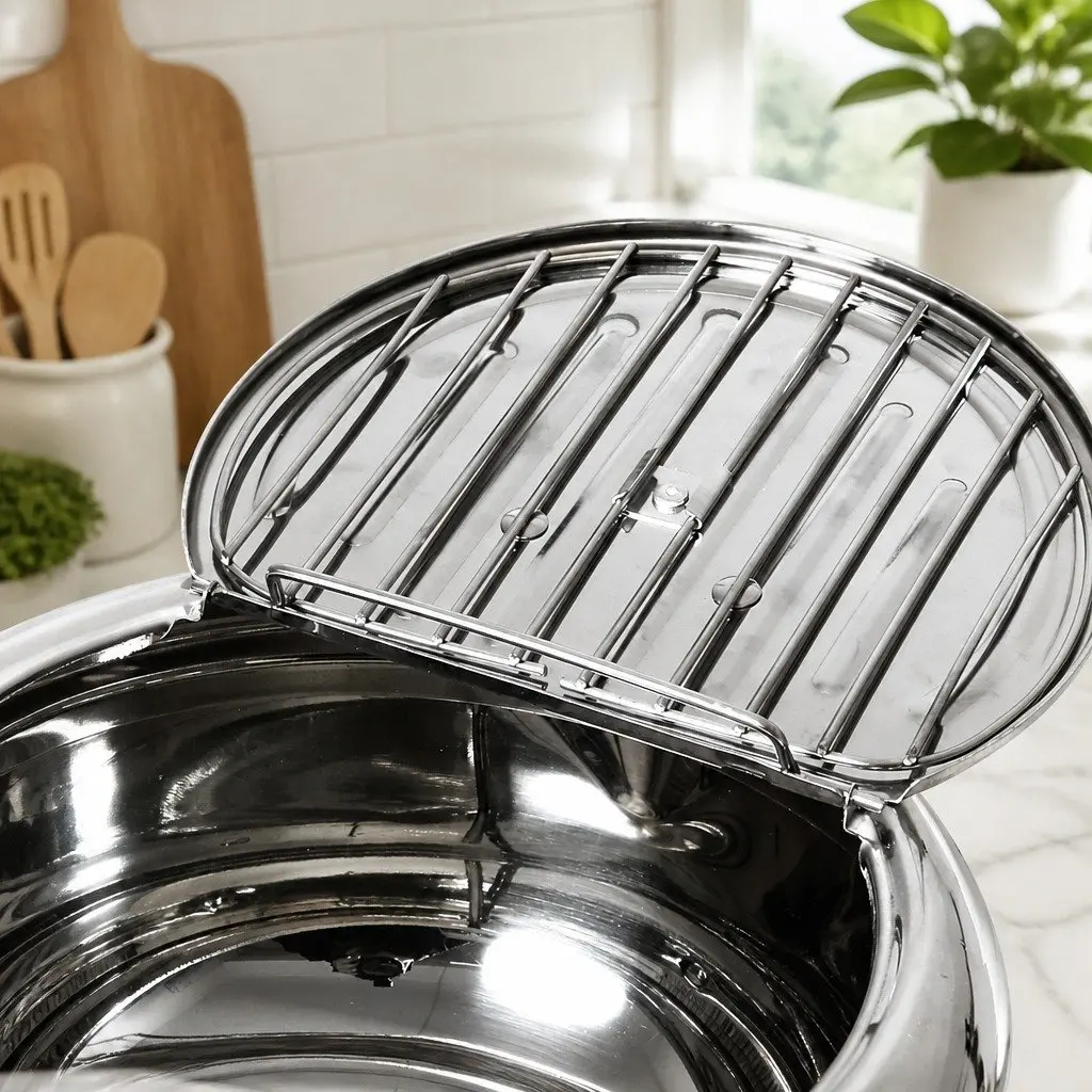 24cm Deep Frying Pan Stainless Steel Pot with Thermometer Draining Rack Cooktop