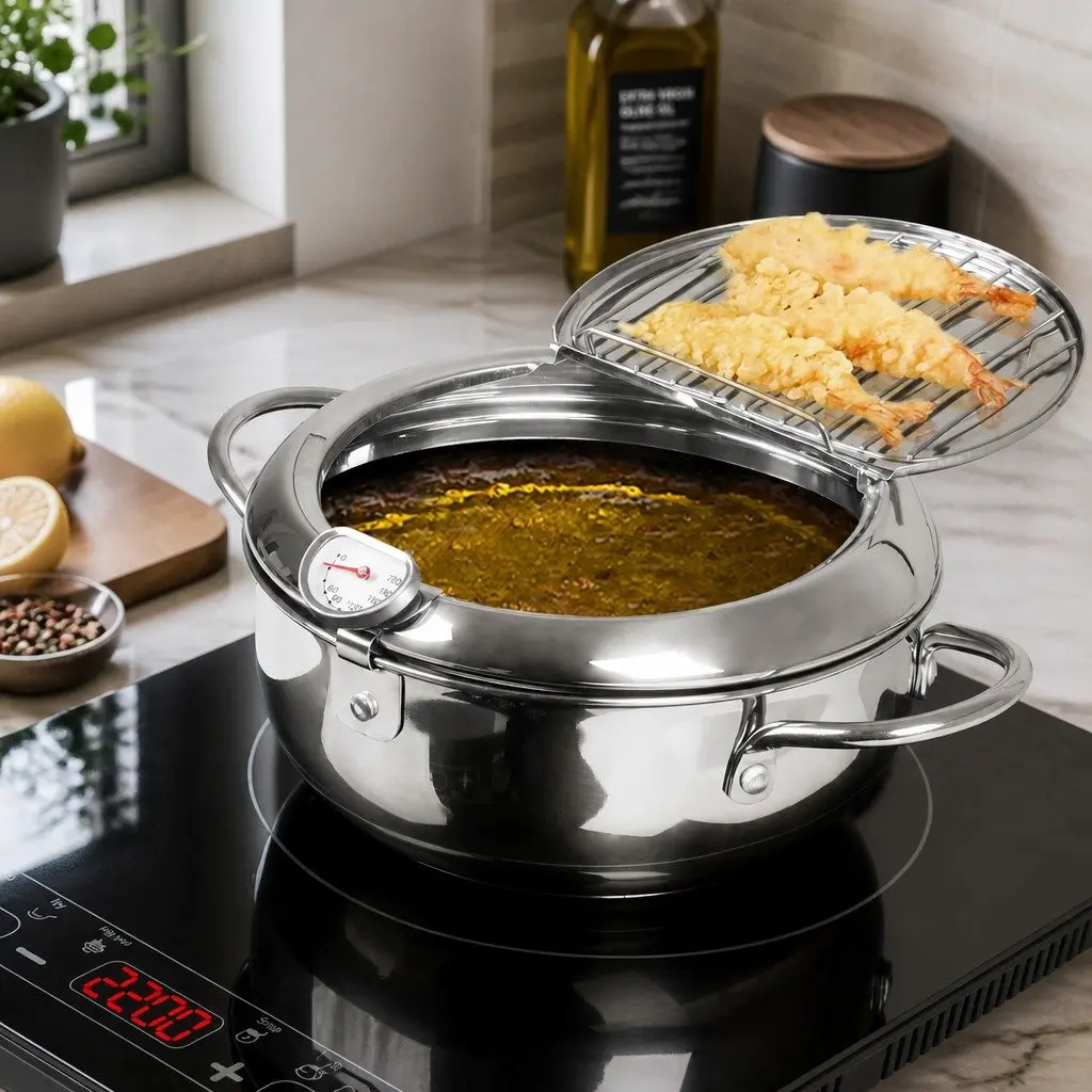 24cm Deep Frying Pan Stainless Steel Pot with Thermometer Draining Rack Cooktop