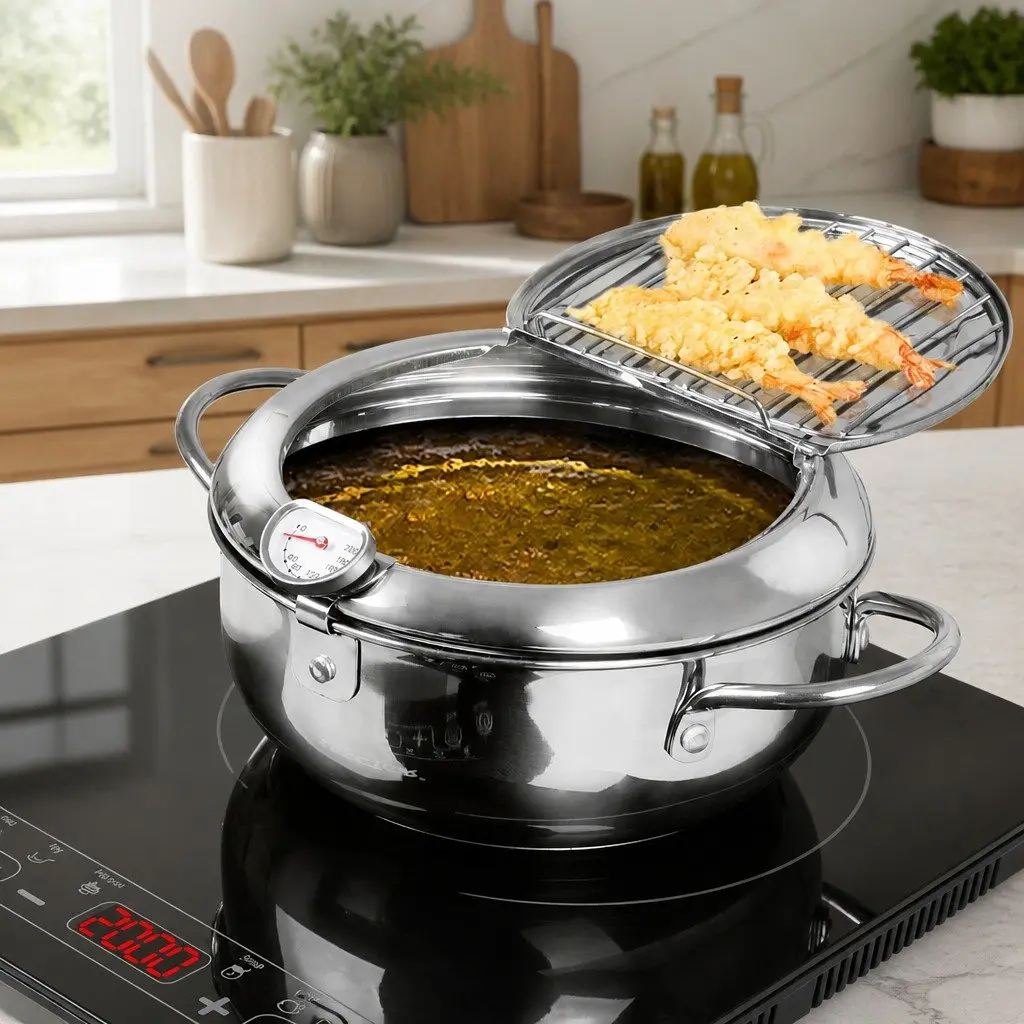 24cm Deep Frying Pan Stainless Steel Pot with Thermometer Draining Rack Cooktop