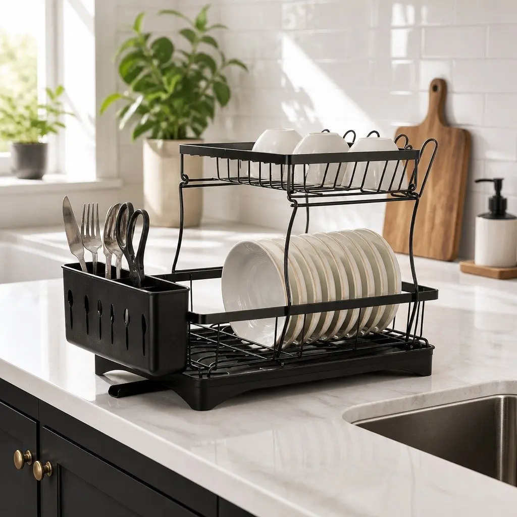 2 Tier Dish Drying Rack for Kitchen Large Capacity Removable Sections