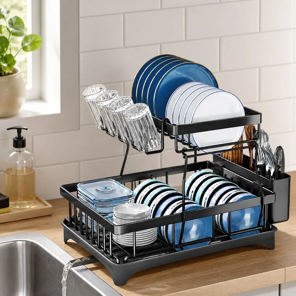 2 Tier Dish Drying Rack for Kitchen Large Capacity Removable Sections