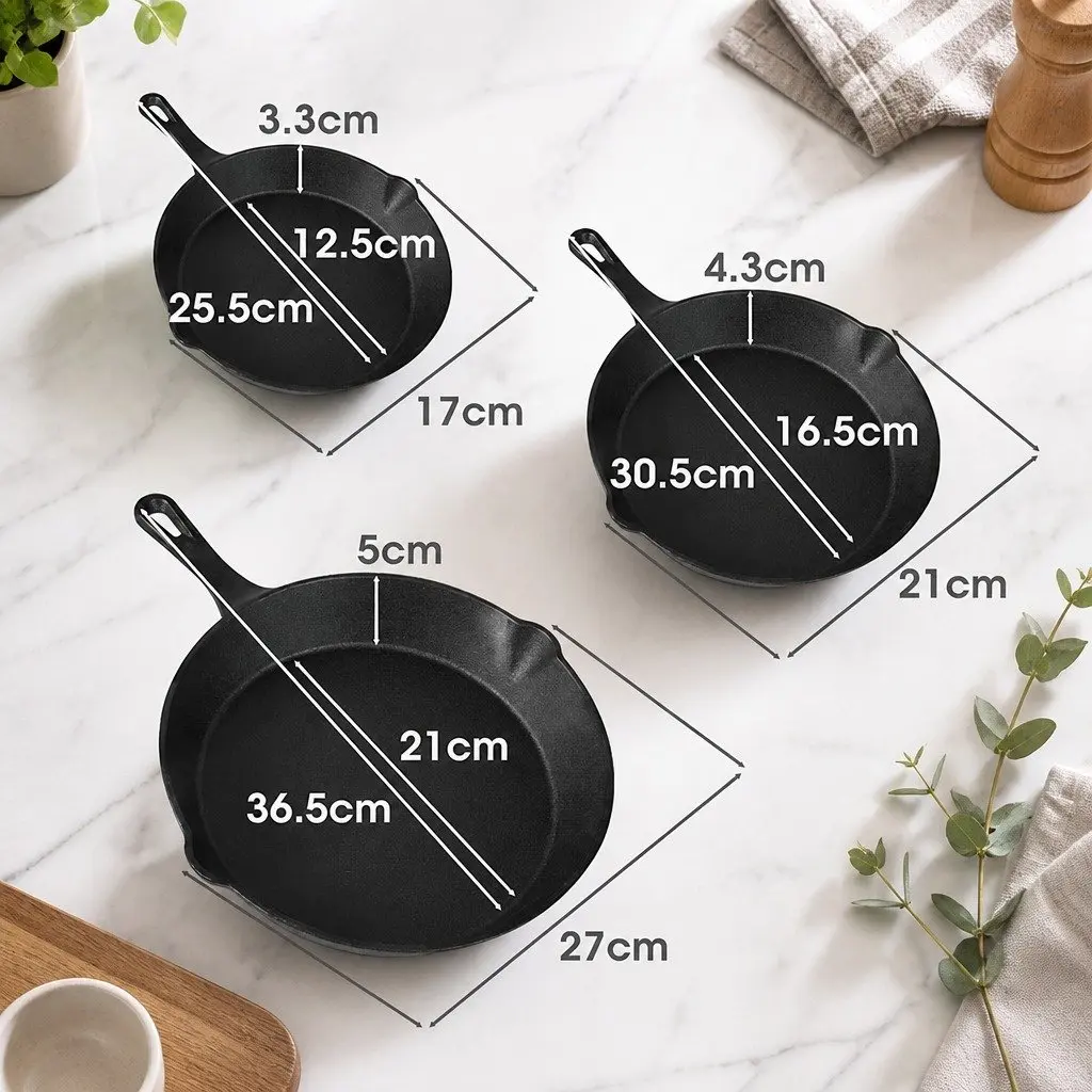 Cast Iron Frying Pan Set 3 Piece Non-Stick Cookware All Stovetops Kitchen