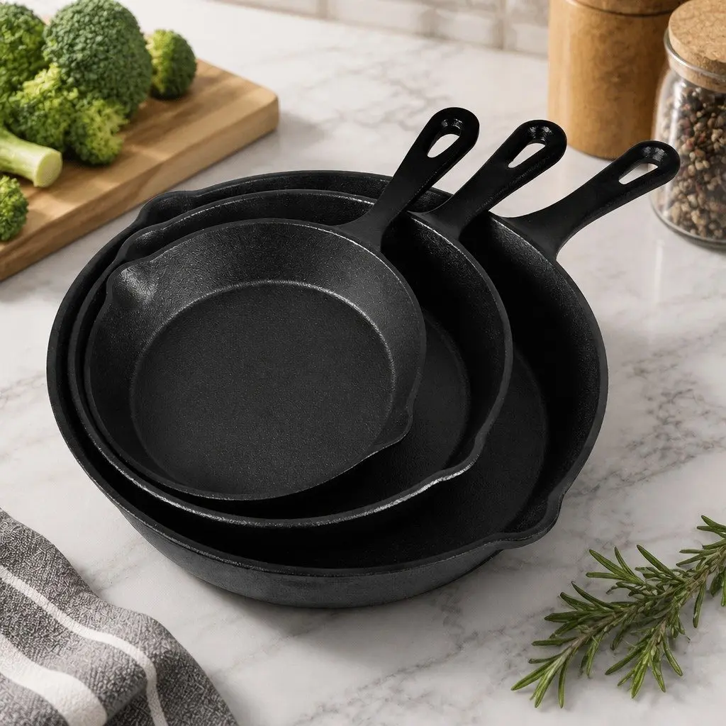 Cast Iron Frying Pan Set 3 Piece Non-Stick Cookware All Stovetops Kitchen