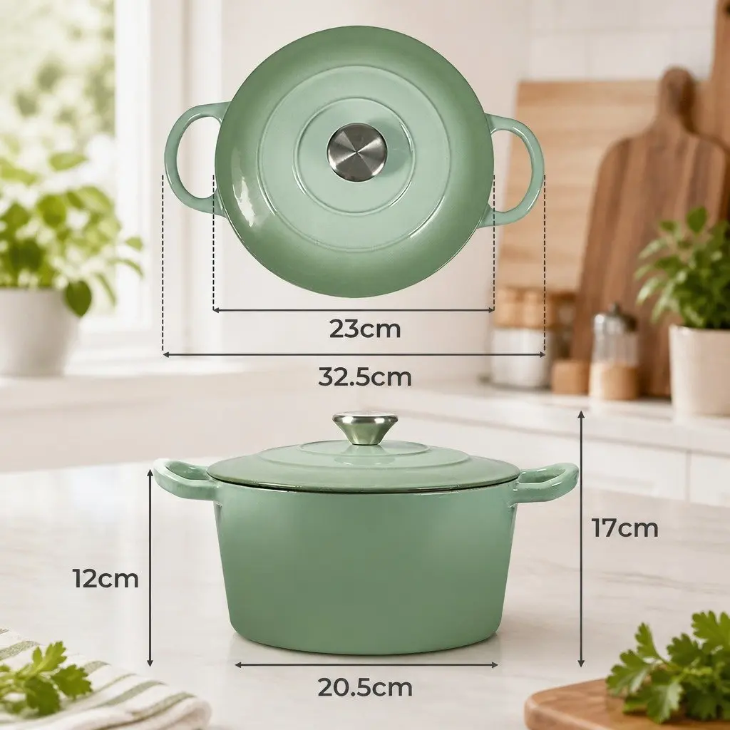 Cast Iron Dutch Oven Pot for Cooking 4L Green Enamel Coating Heavy Duty