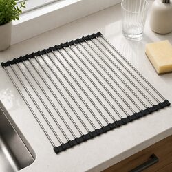 Dish Drying Rack Rollable Stainless Steel Kitchen Drainer with Removable Pipe