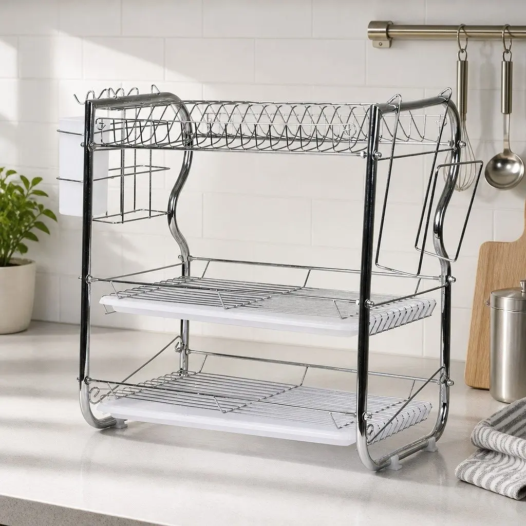 3-Tier Dish Rack Drainer Drying Kitchen Organizer Silver 40.8cm x 24.5cm x 43.5cm