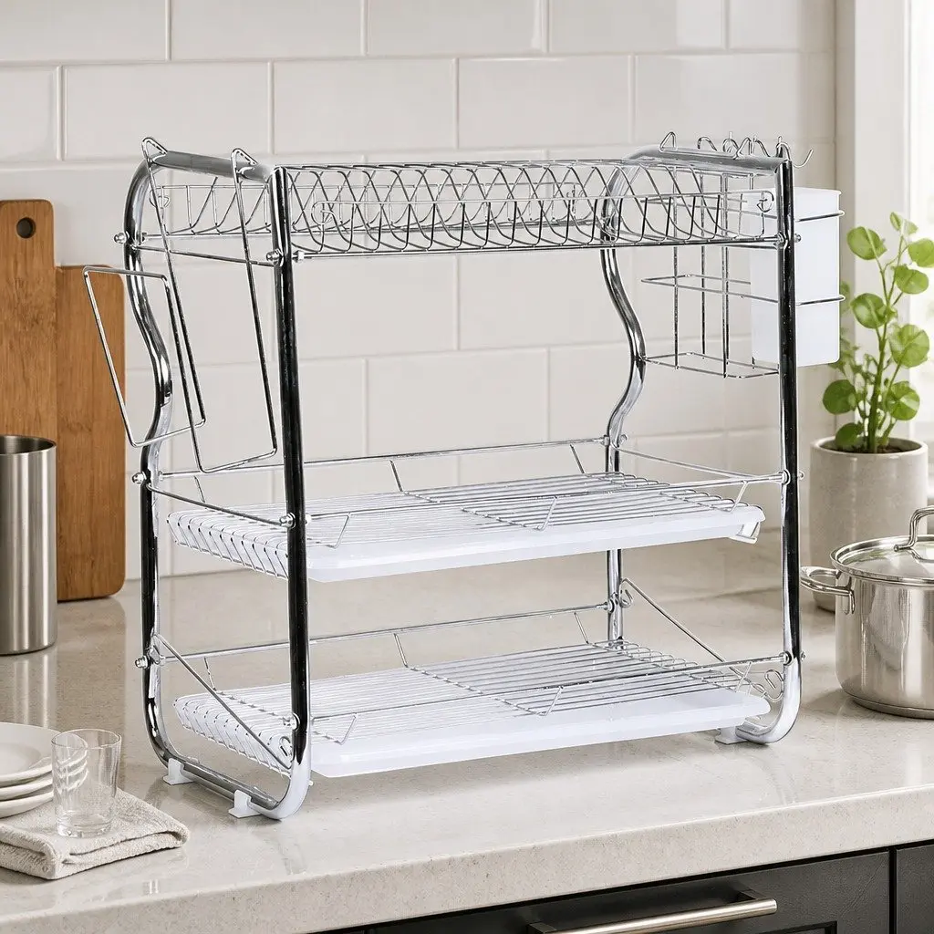3-Tier Dish Rack Drainer Drying Kitchen Organizer Silver 40.8cm x 24.5cm x 43.5cm