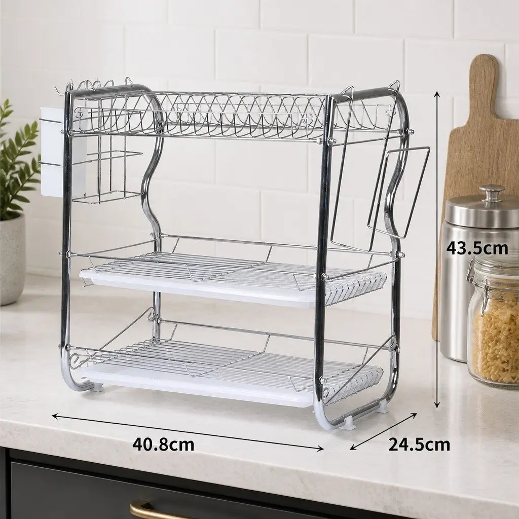 3-Tier Dish Rack Drainer Drying Kitchen Organizer Silver 40.8cm x 24.5cm x 43.5cm