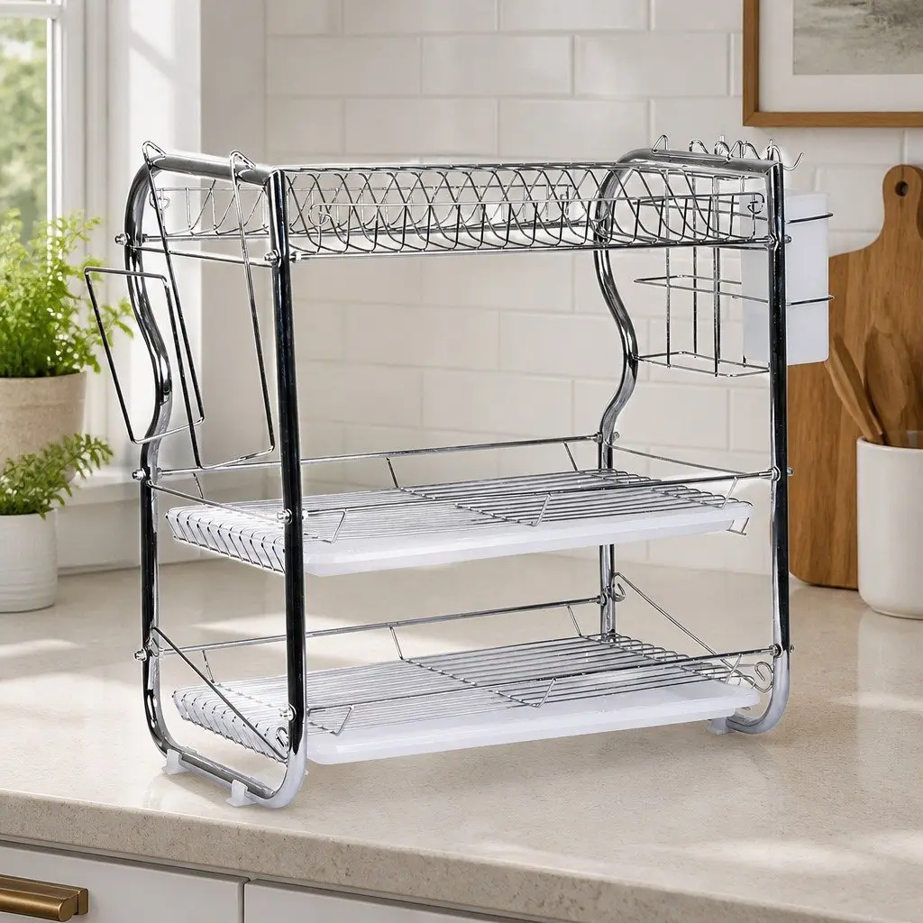 3-Tier Dish Rack Drainer Drying Kitchen Organizer Silver 40.8cm x 24.5cm x 43.5cm