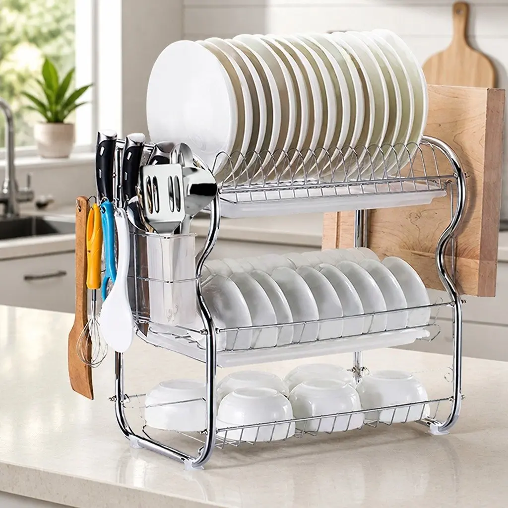 3-Tier Dish Rack Drainer Drying Kitchen Organizer Silver 40.8cm x 24.5cm x 43.5cm