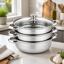 3 Layer Steamer Pot - Stainless Steel, Glass Lid, 27 cm