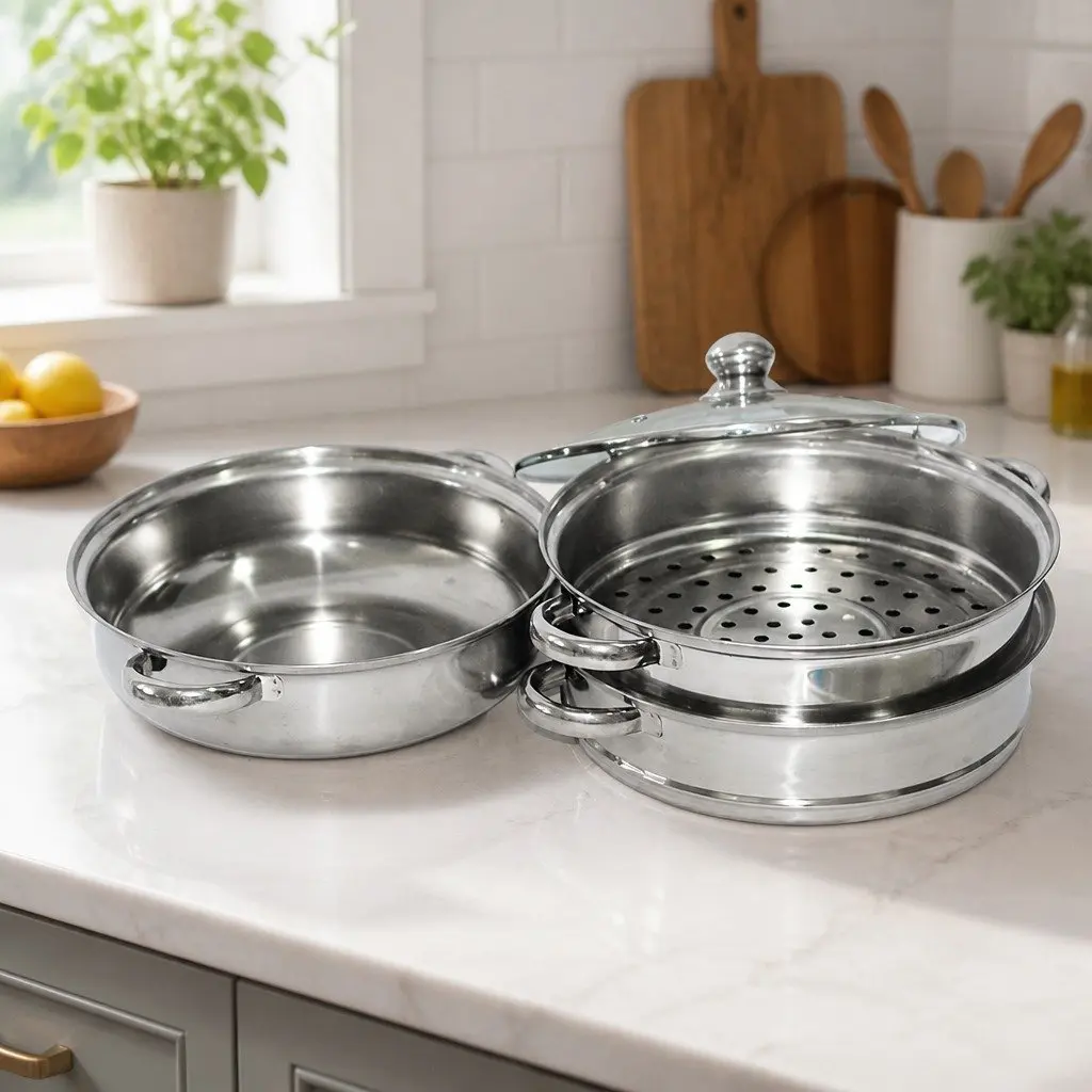 Stainless Steel 3 Layer Steamer Pot for Cooking Vegetables and Meat 27 cm Diameter