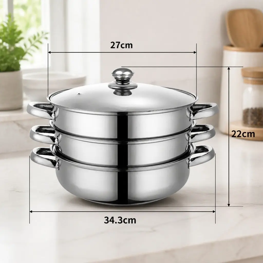 Stainless Steel 3 Layer Steamer Pot for Cooking Vegetables and Meat 27 cm Diameter