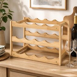 Bamboo Wine Rack: 12 Bottles, 3 Tiers, Dimensions 42.5x22x28 cm