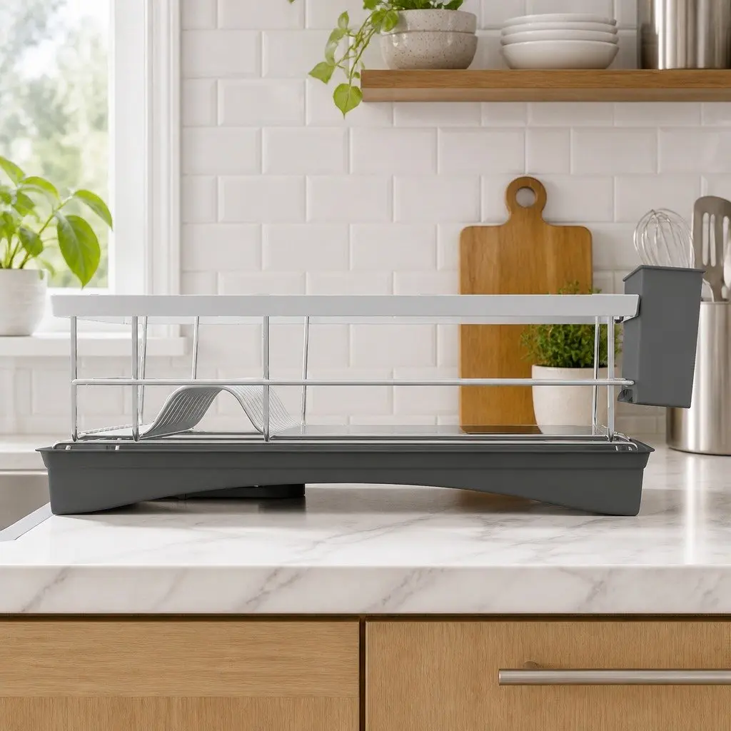 Dish Drying Rack Plate Drainer with Cutlery Holder and Drainboard Kitchen