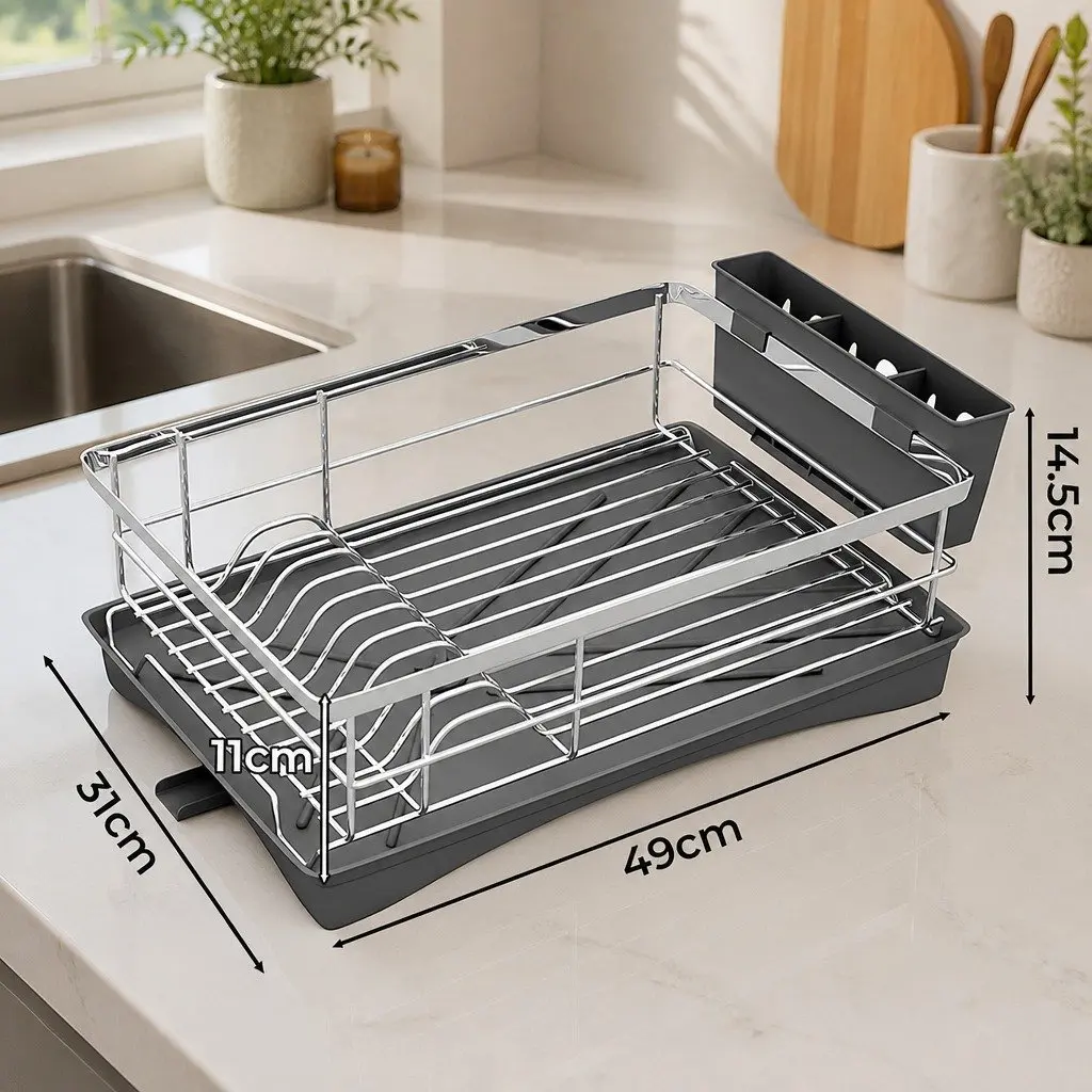 Dish Drying Rack Plate Drainer with Cutlery Holder and Drainboard Kitchen