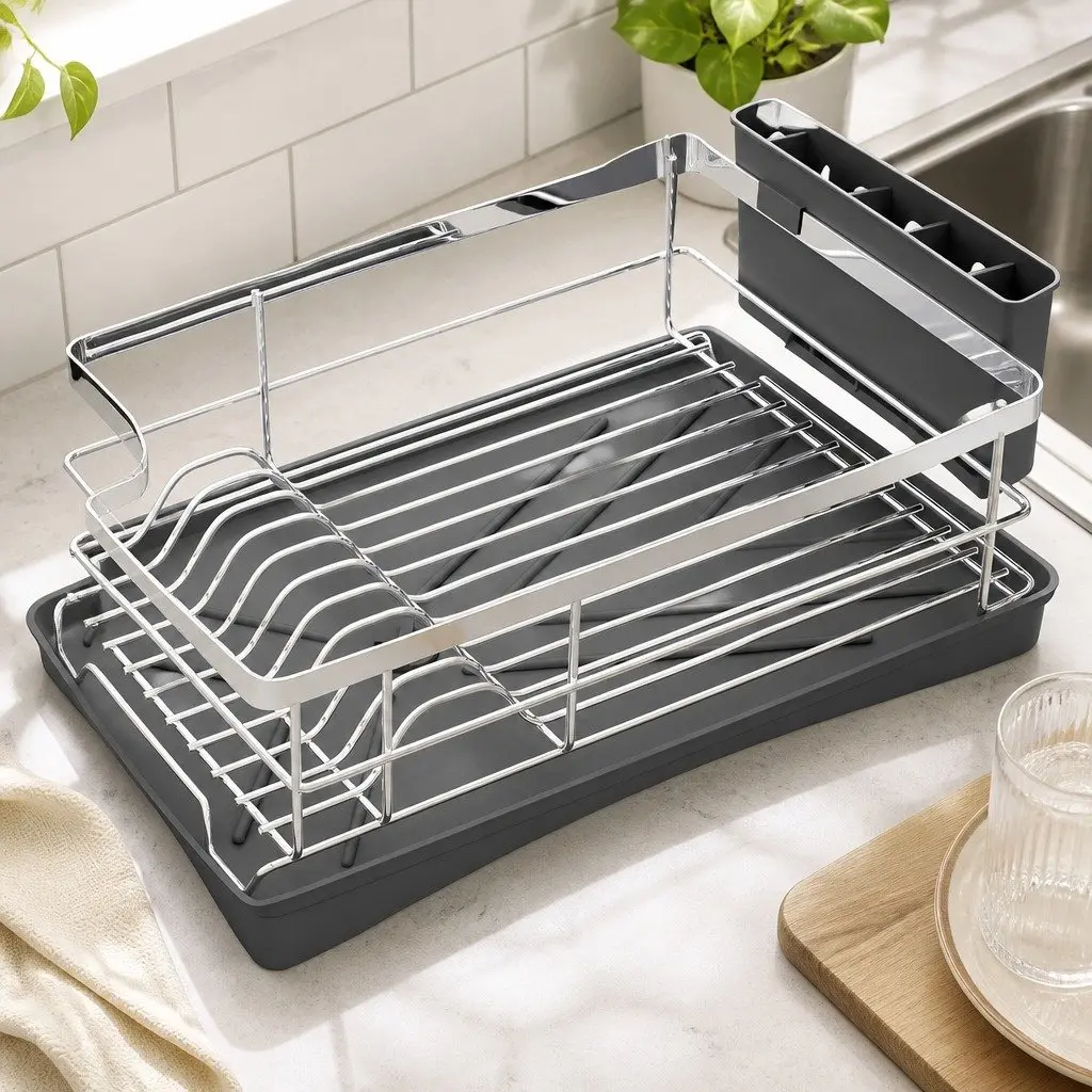 Dish Drying Rack Plate Drainer with Cutlery Holder and Drainboard Kitchen