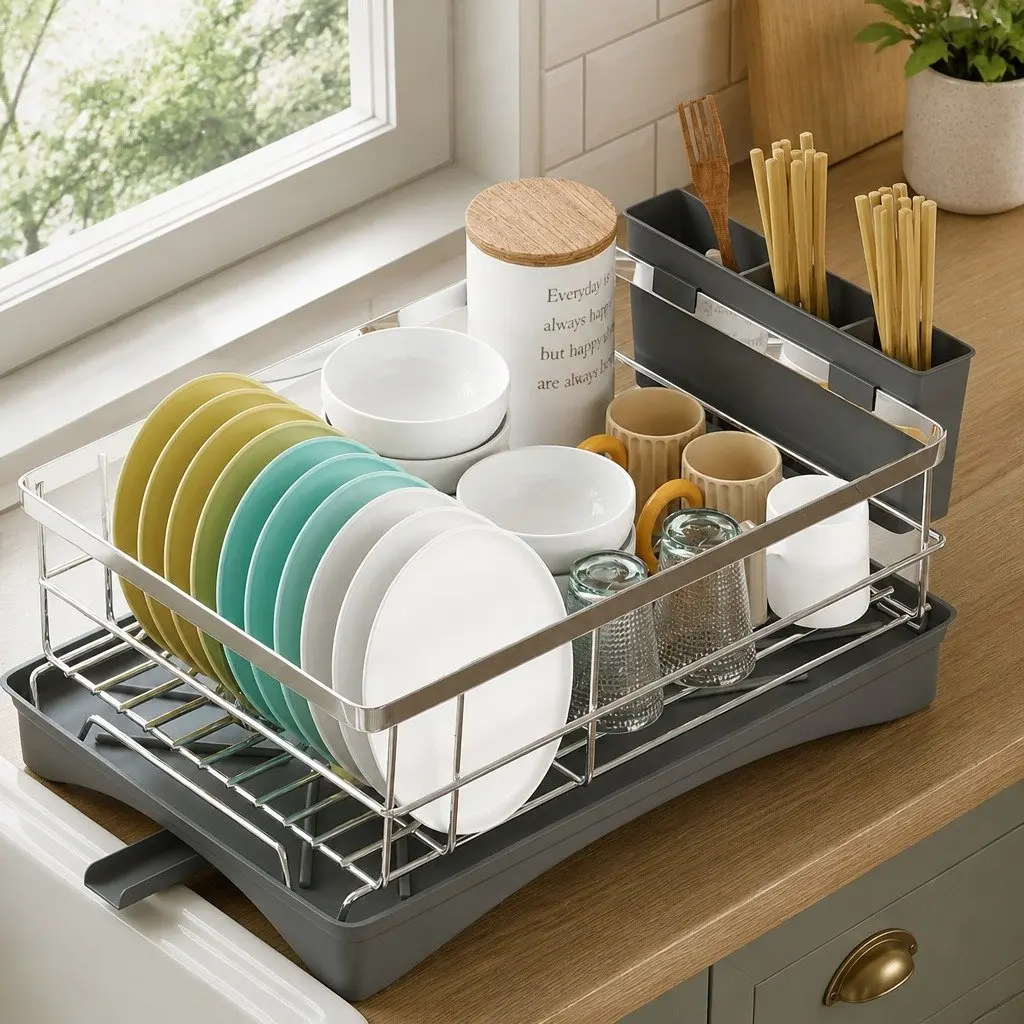 Dish Drying Rack Plate Drainer with Cutlery Holder and Drainboard Kitchen