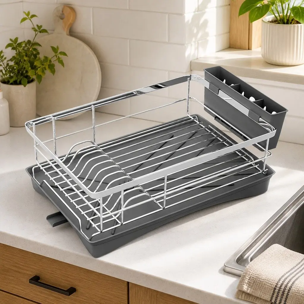Dish Drying Rack Plate Drainer with Cutlery Holder and Drainboard Kitchen