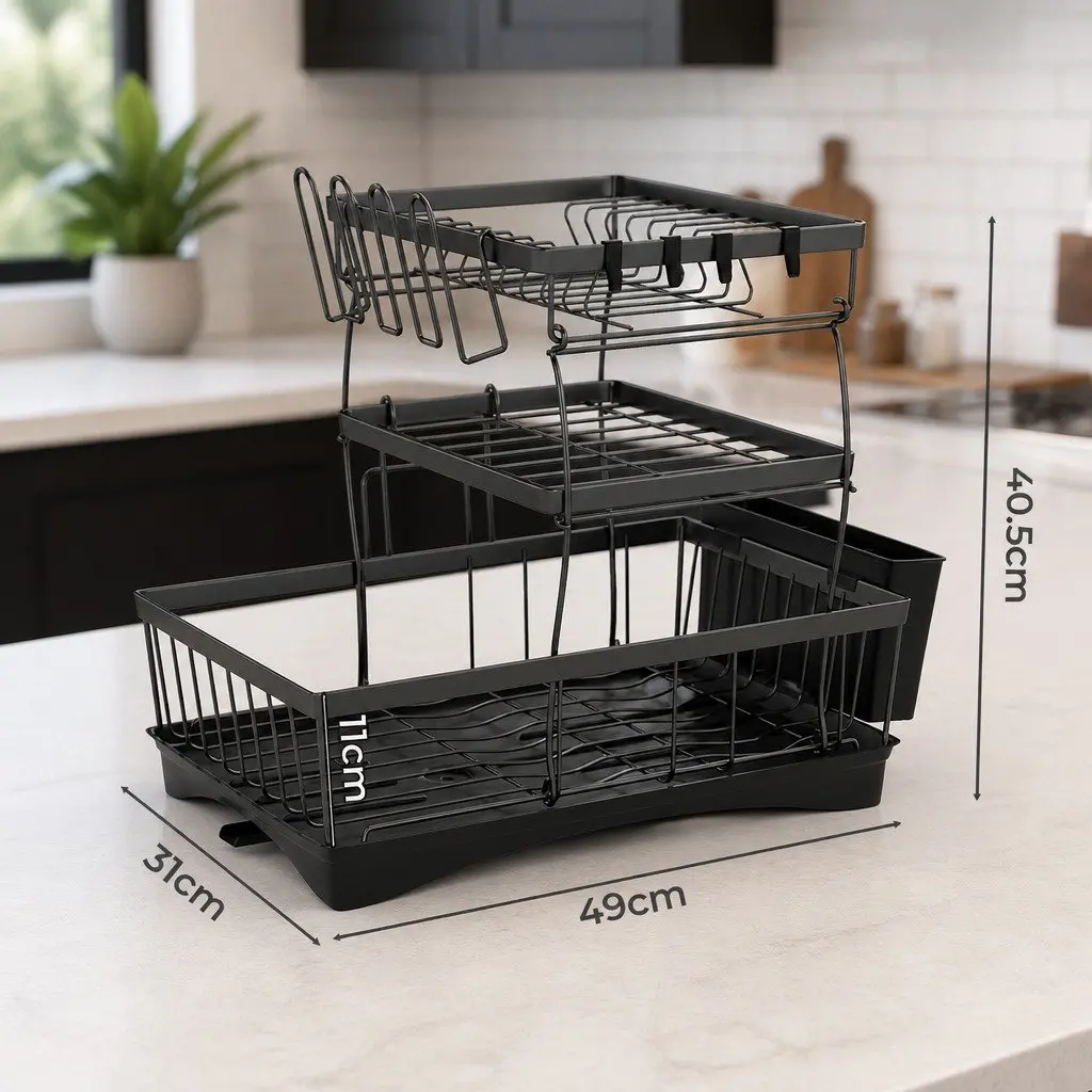 3 Tier Dish Drying Rack Kitchen Organizer with Cutlery Holder and Cup Holder Black