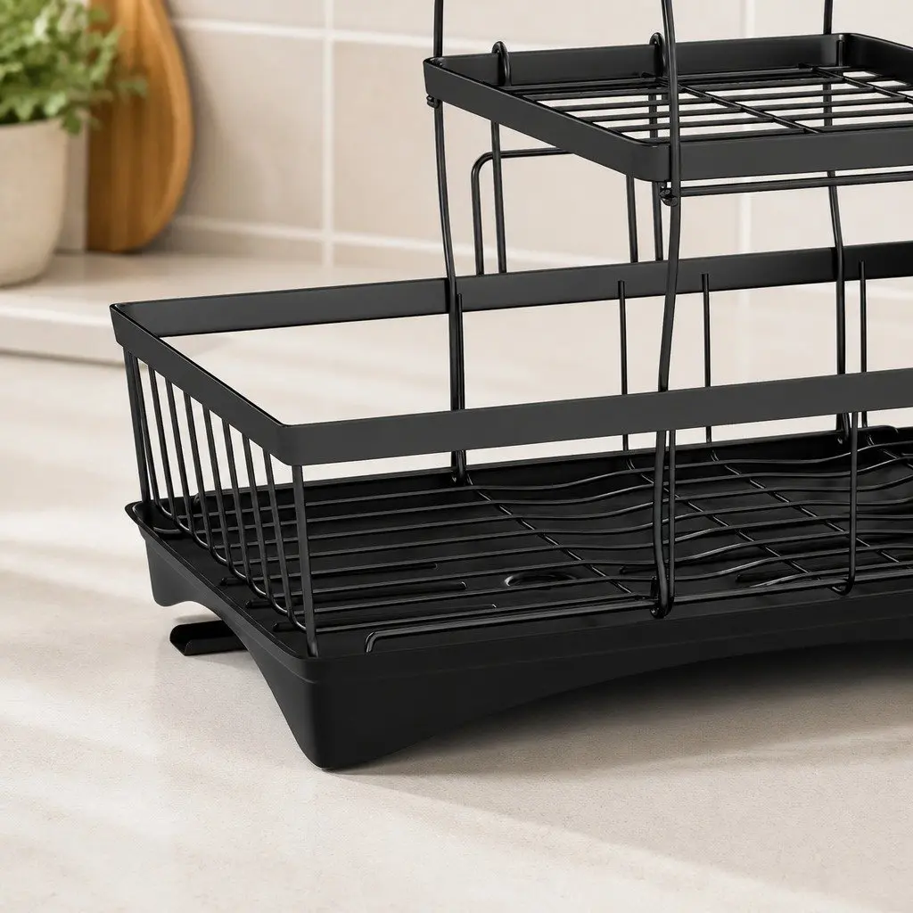 3 Tier Dish Drying Rack Kitchen Organizer with Cutlery Holder and Cup Holder Black