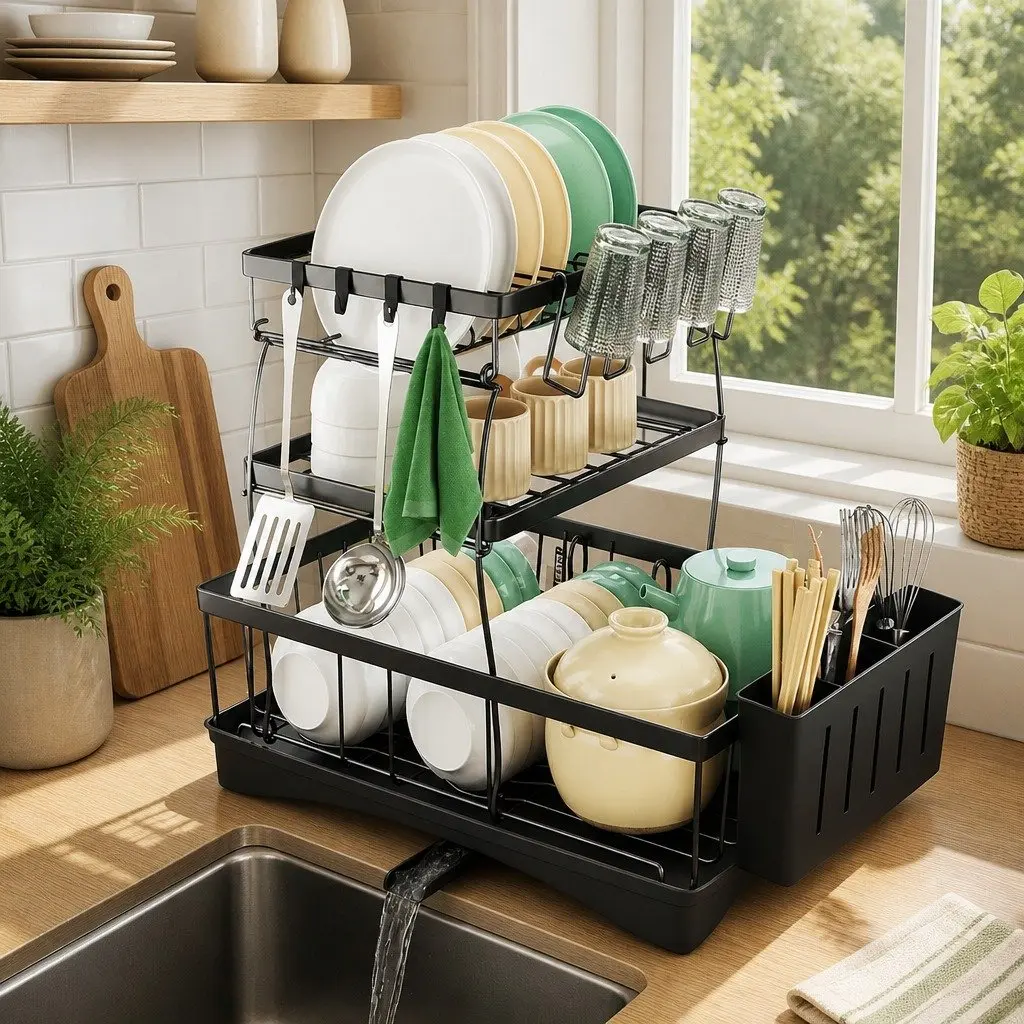 3 Tier Dish Drying Rack Kitchen Organizer with Cutlery Holder and Cup Holder Black