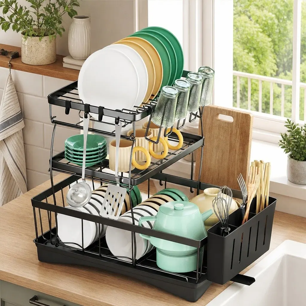 3 Tier Dish Drying Rack Kitchen Organizer with Cutlery Holder and Cup Holder Black