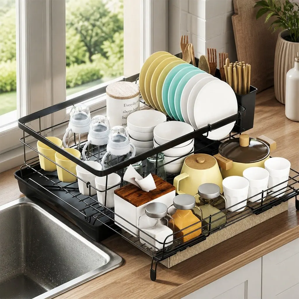 Expandable Dish Drying Rack Drain Bowl Holder Kitchen Countertop Space Saving