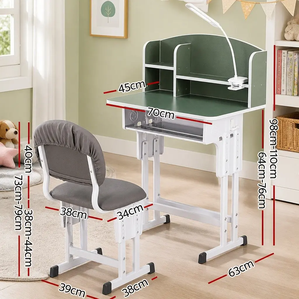 Kids Study Desk Chair Set Height Adjustable Ergonomic Table with LED Lamp Green