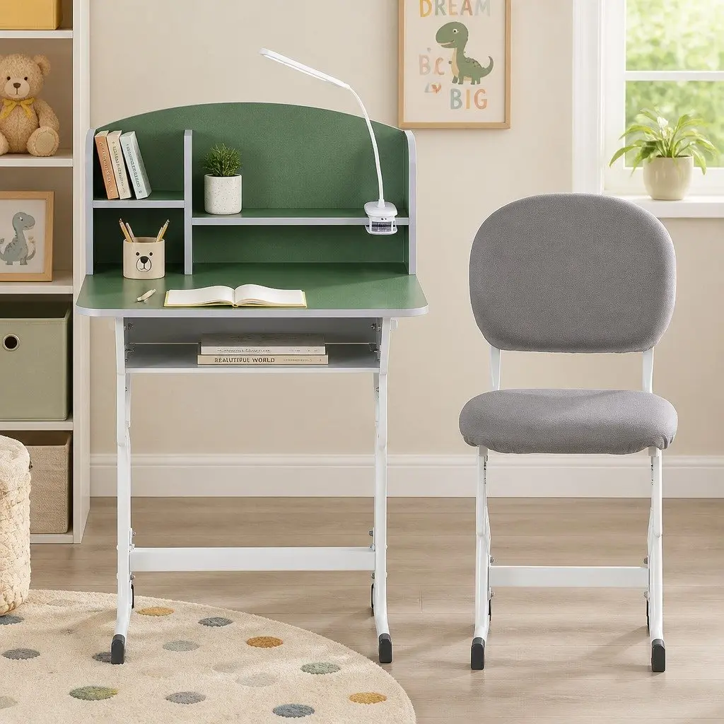 Kids Study Desk Chair Set Height Adjustable Ergonomic Table with LED Lamp Green