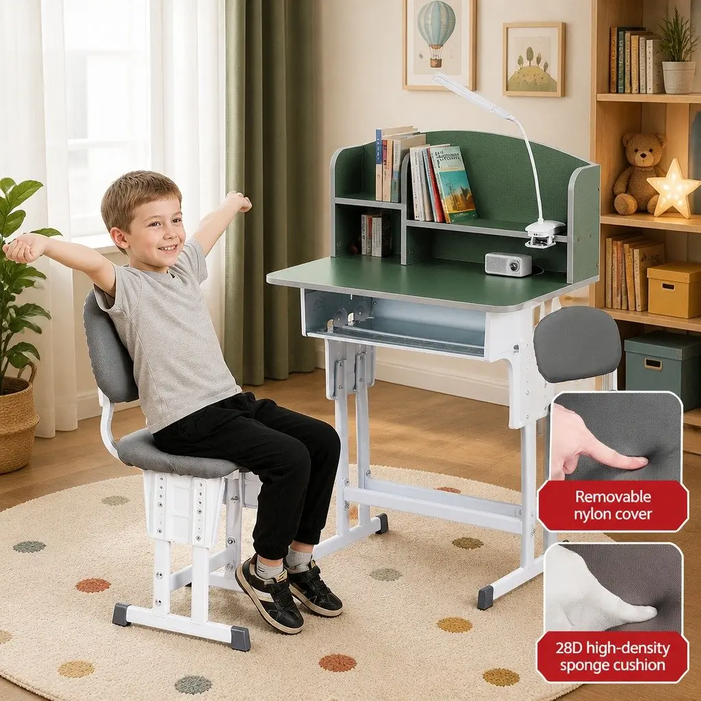 Kids Study Desk Chair Set Height Adjustable Ergonomic Table with LED Lamp Green